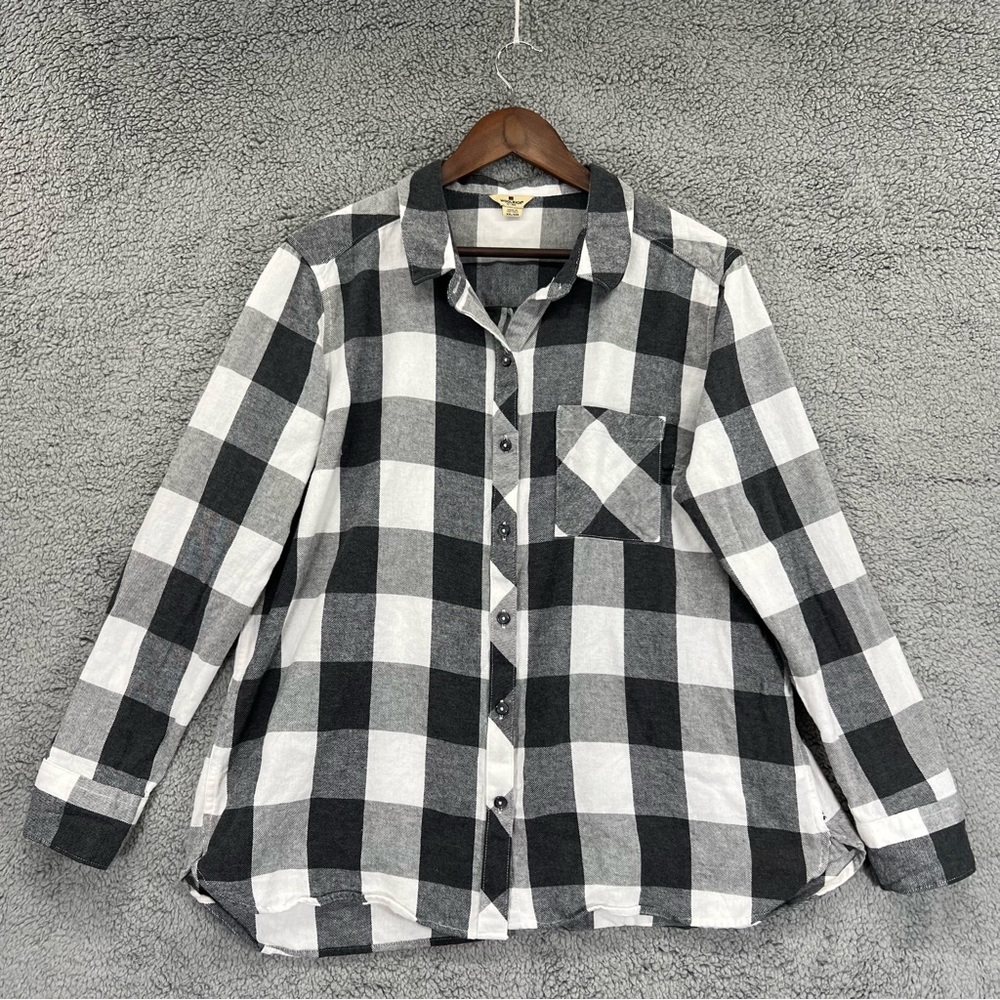 Woolrich Flannel Button Shirt Black Gray White Plaid Women Size XXL